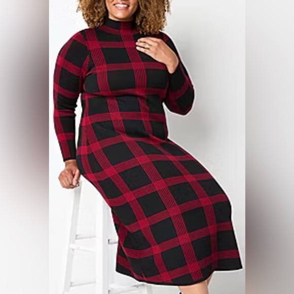 Danny & Nicole Long Sleeve Windowpane Midi Sweater Dress - Picture 2 of 3